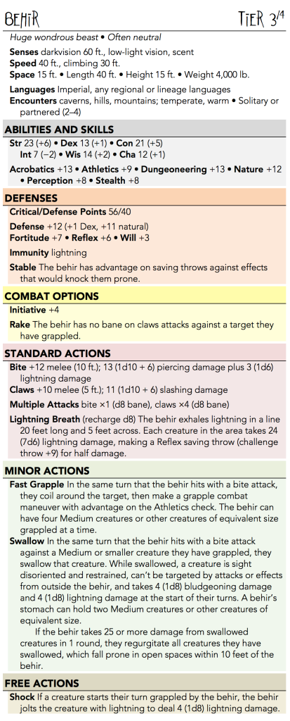 The stat block for the behir, from the CORE20 Playtest Creature Package.